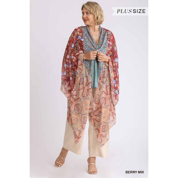 Umgee Sheer Long Paisley Floral Boho Kimono in Berry Mix Plus Size XL/1XL - Picture 1 of 16